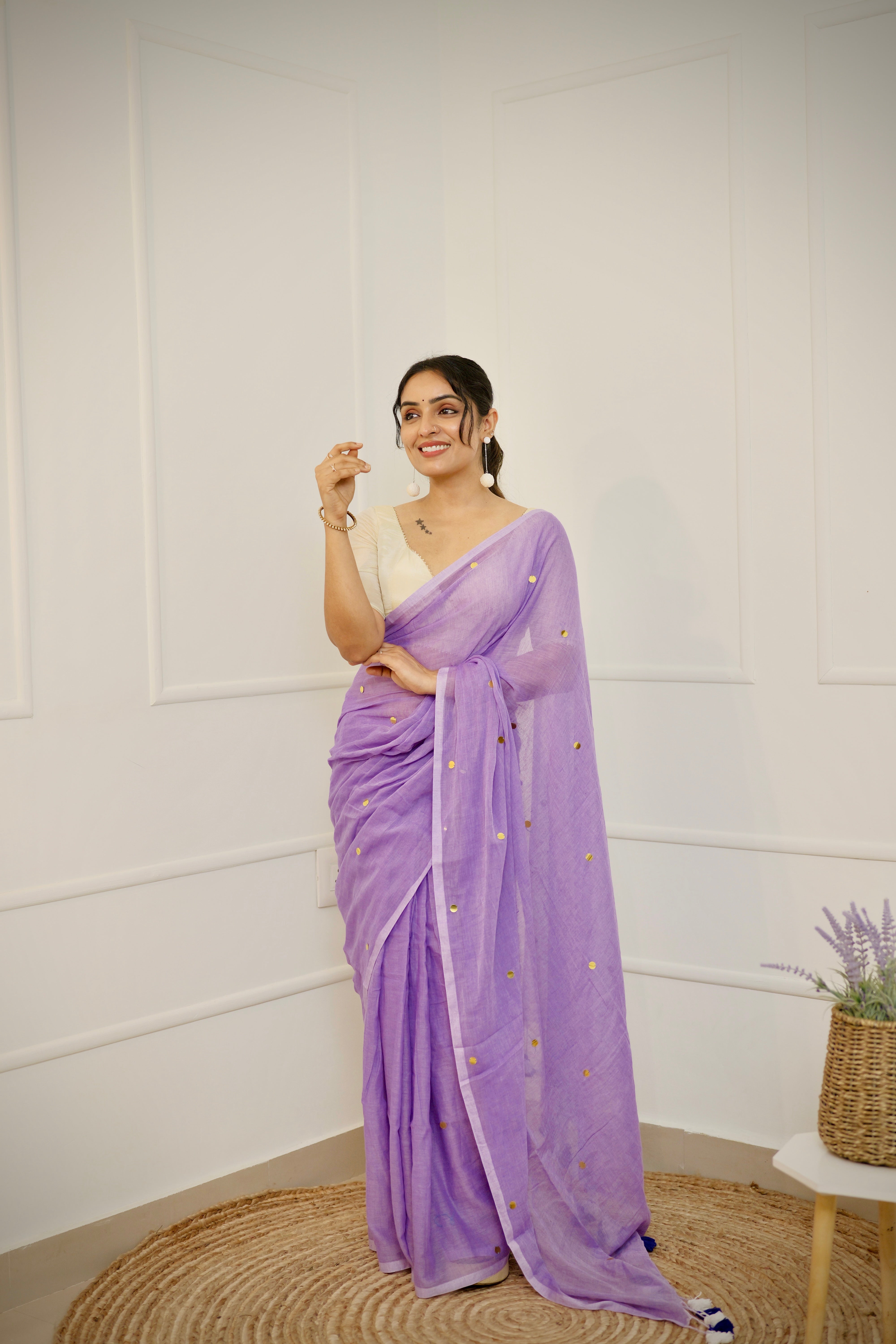 Lavanya – Lavender Mul Cotton Saree with Round Sequins