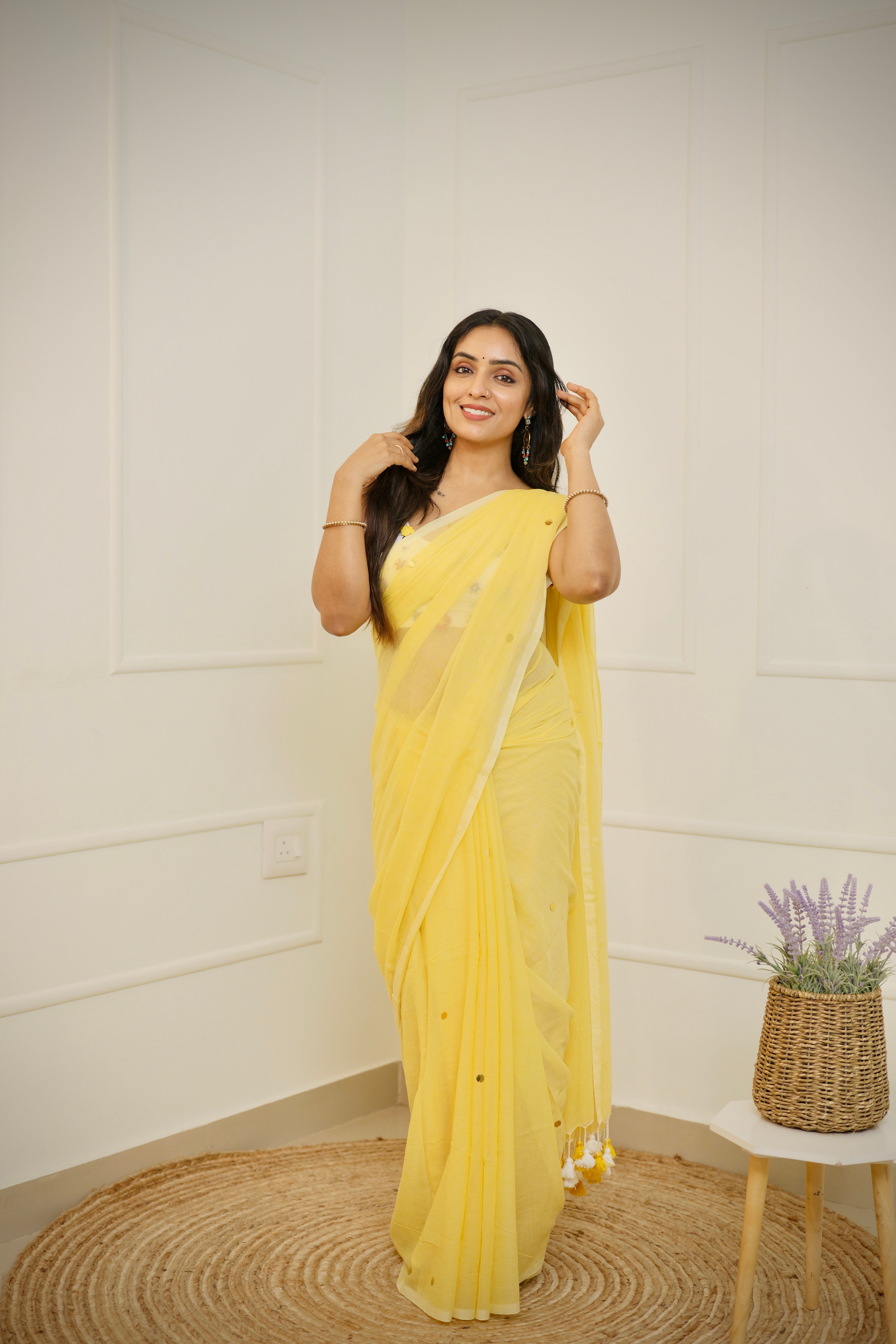 Halika – Haldi Yellow Mul Cotton Saree with Round Sequins