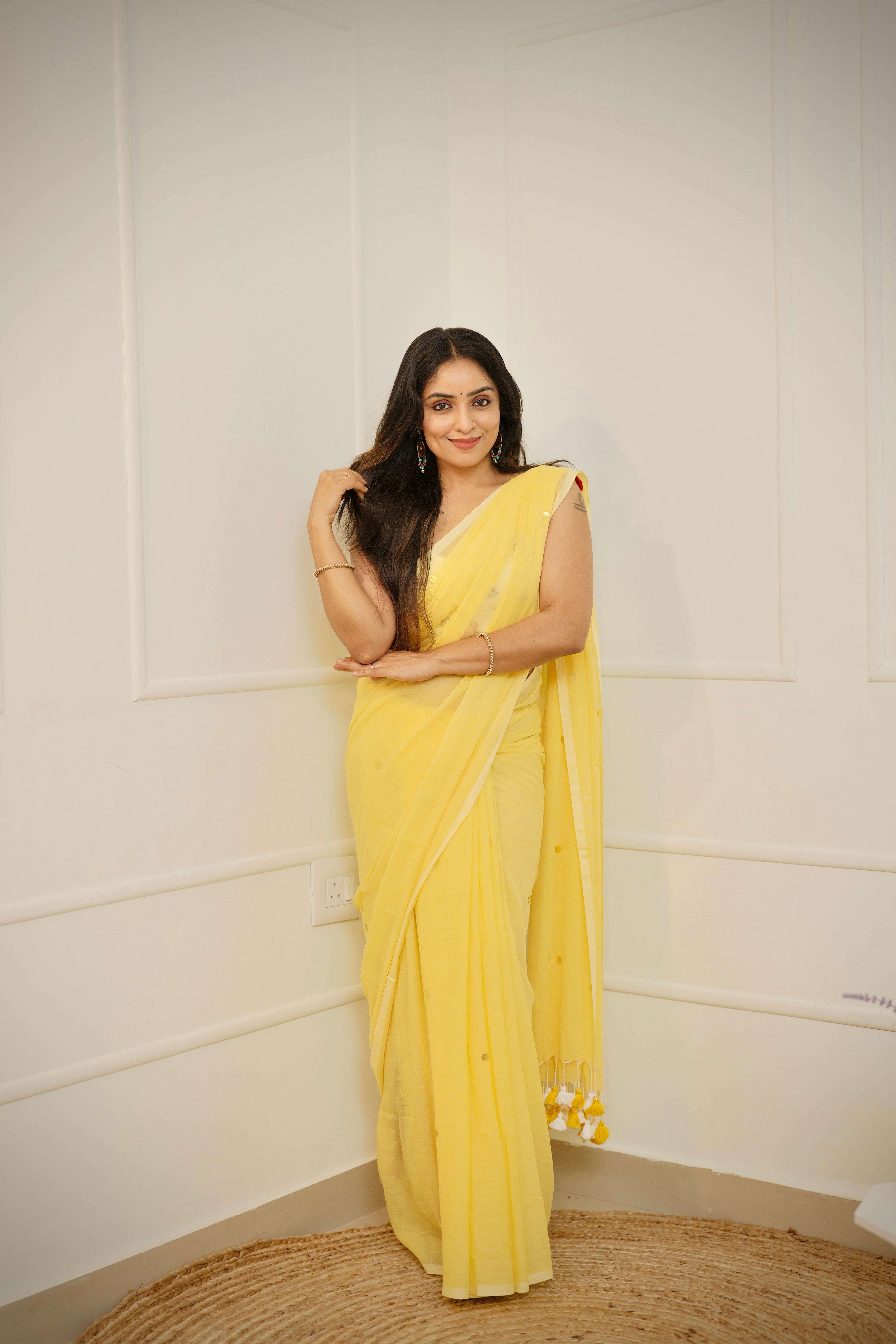 Halika – Haldi Yellow Mul Cotton Saree with Round Sequins