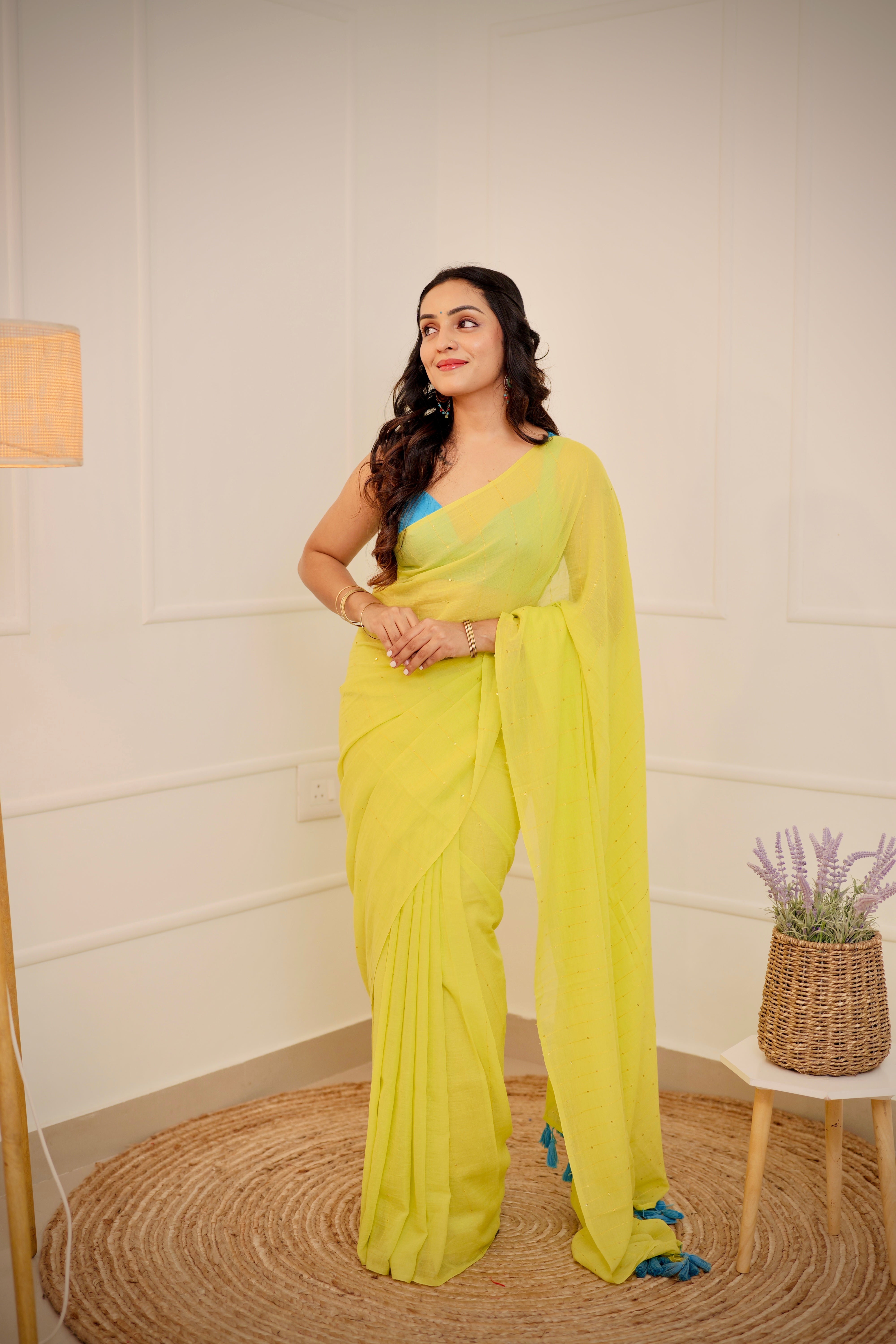 Neon Green Mul Cotton Saree with Round Sequins