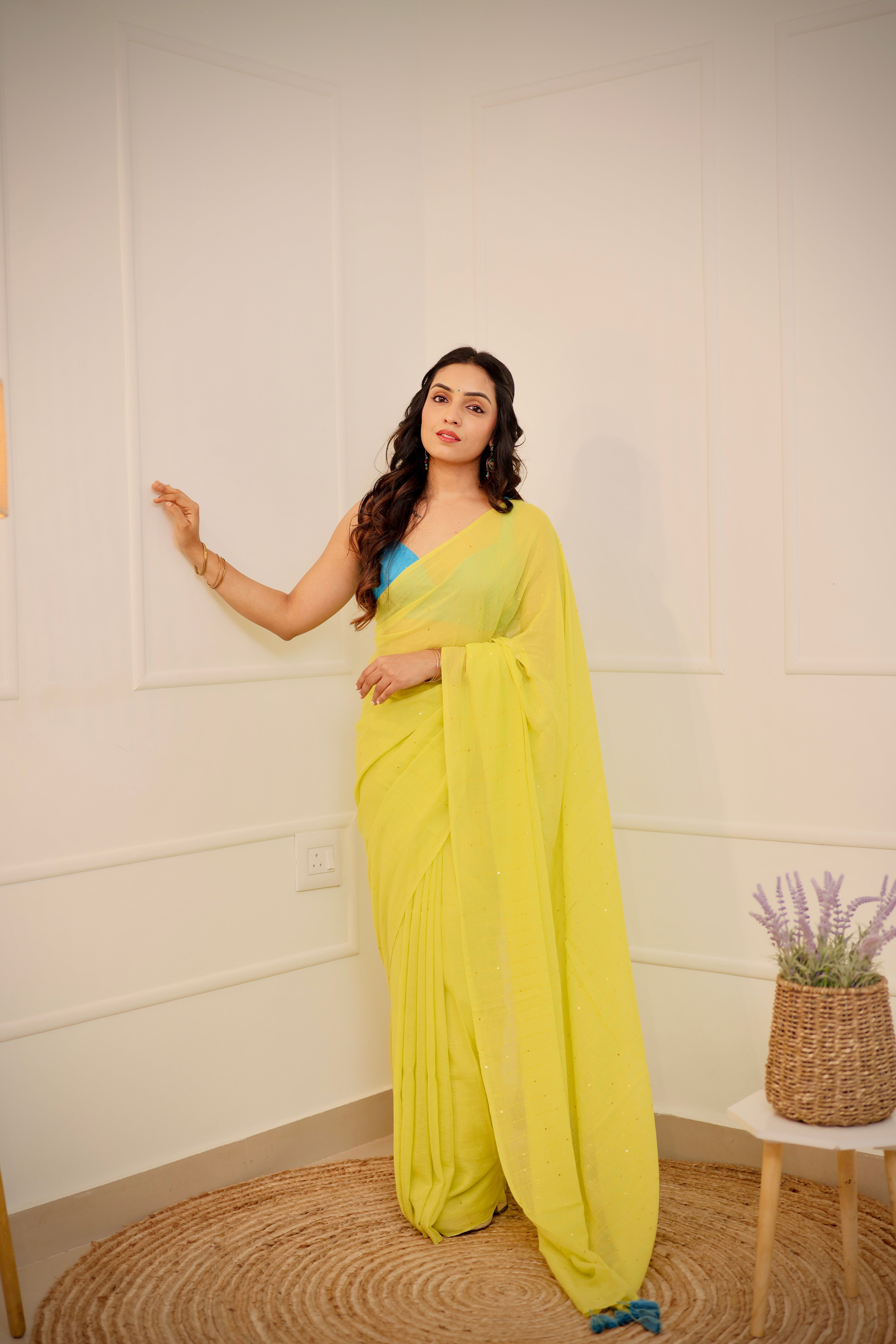 Neon Green Mul Cotton Saree with Round Sequins