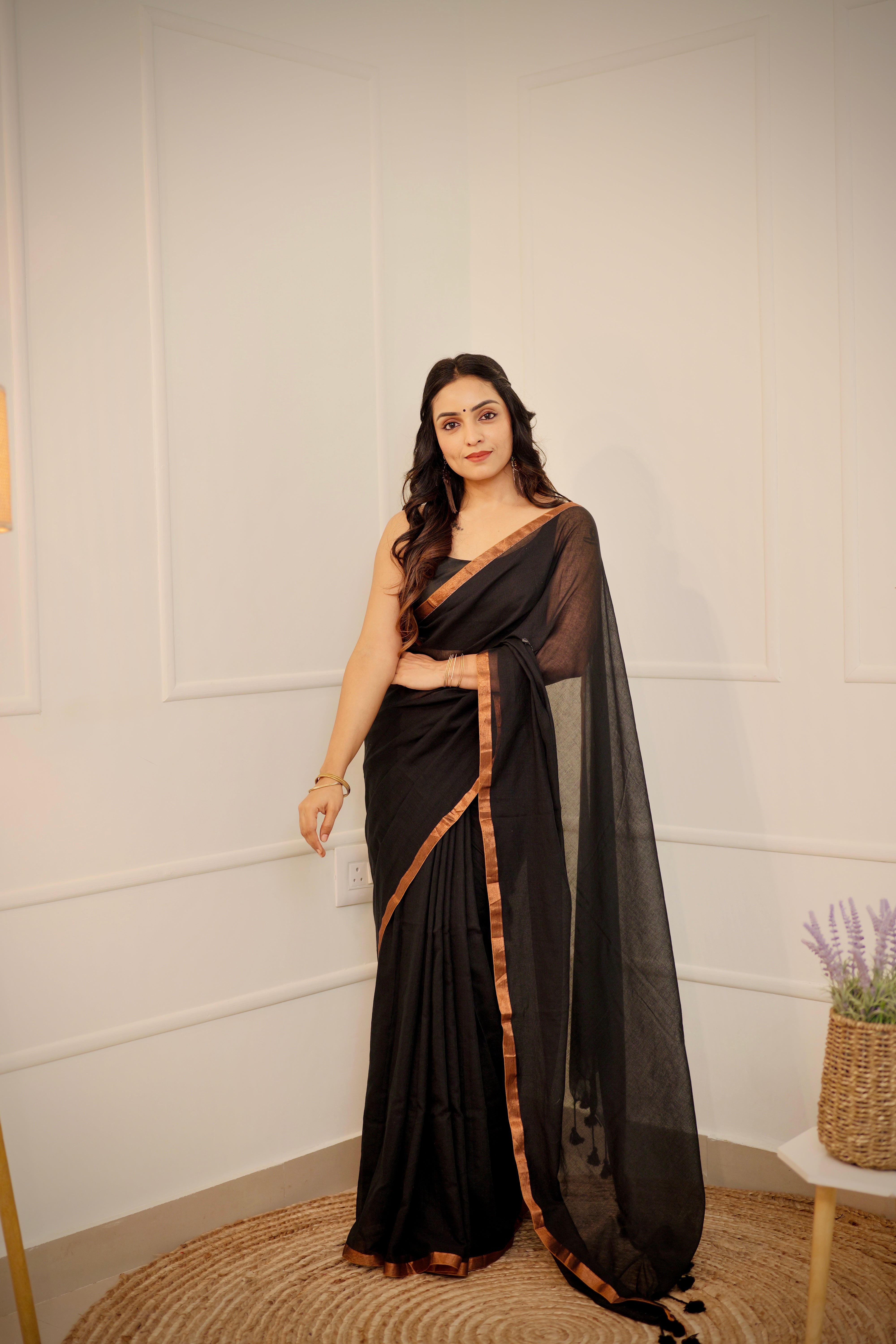 Maaya – Jet Black Mul Cotton Saree with Copper Zari Border