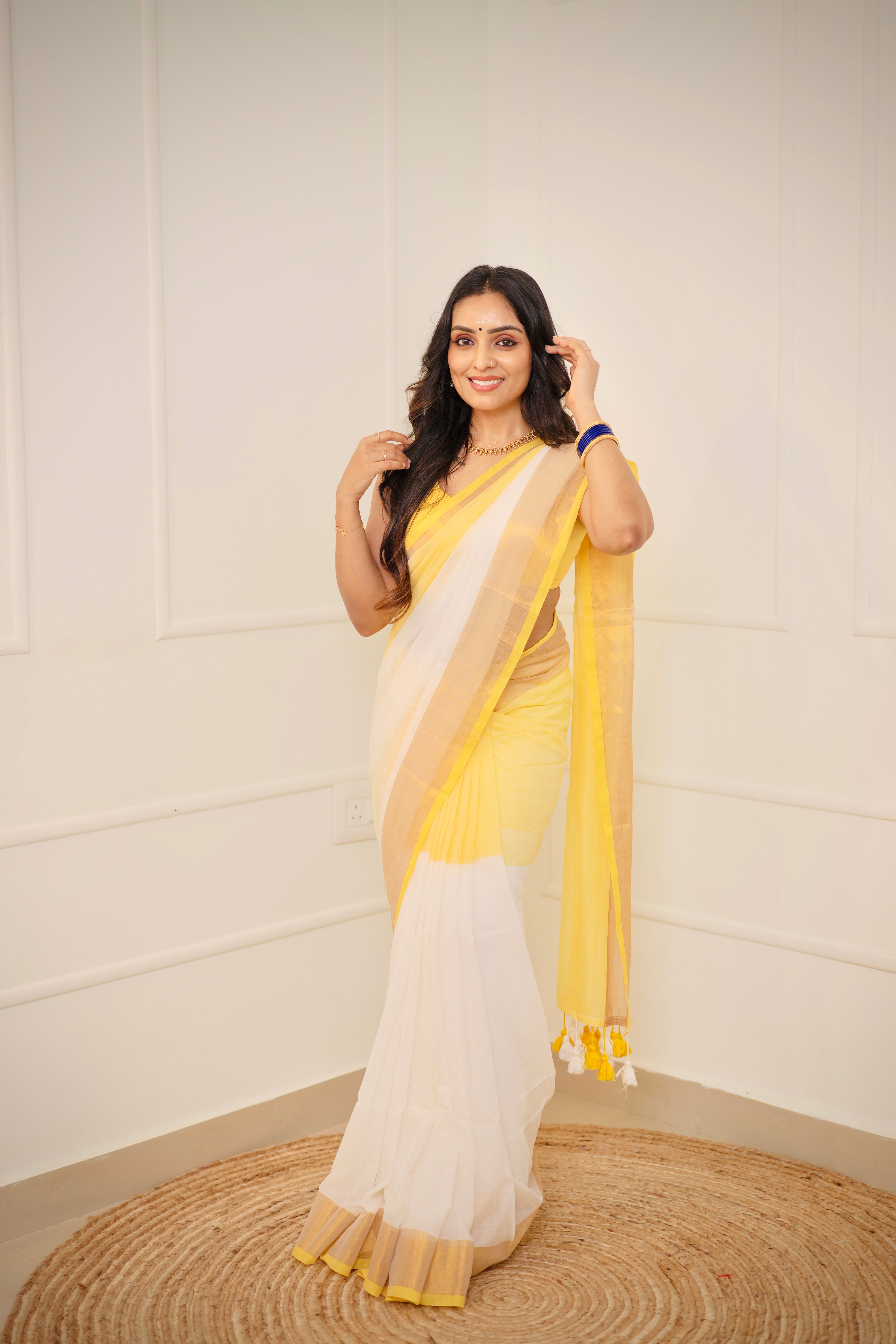 Yellow & White Mul Mul Cotton Kasavu Saree