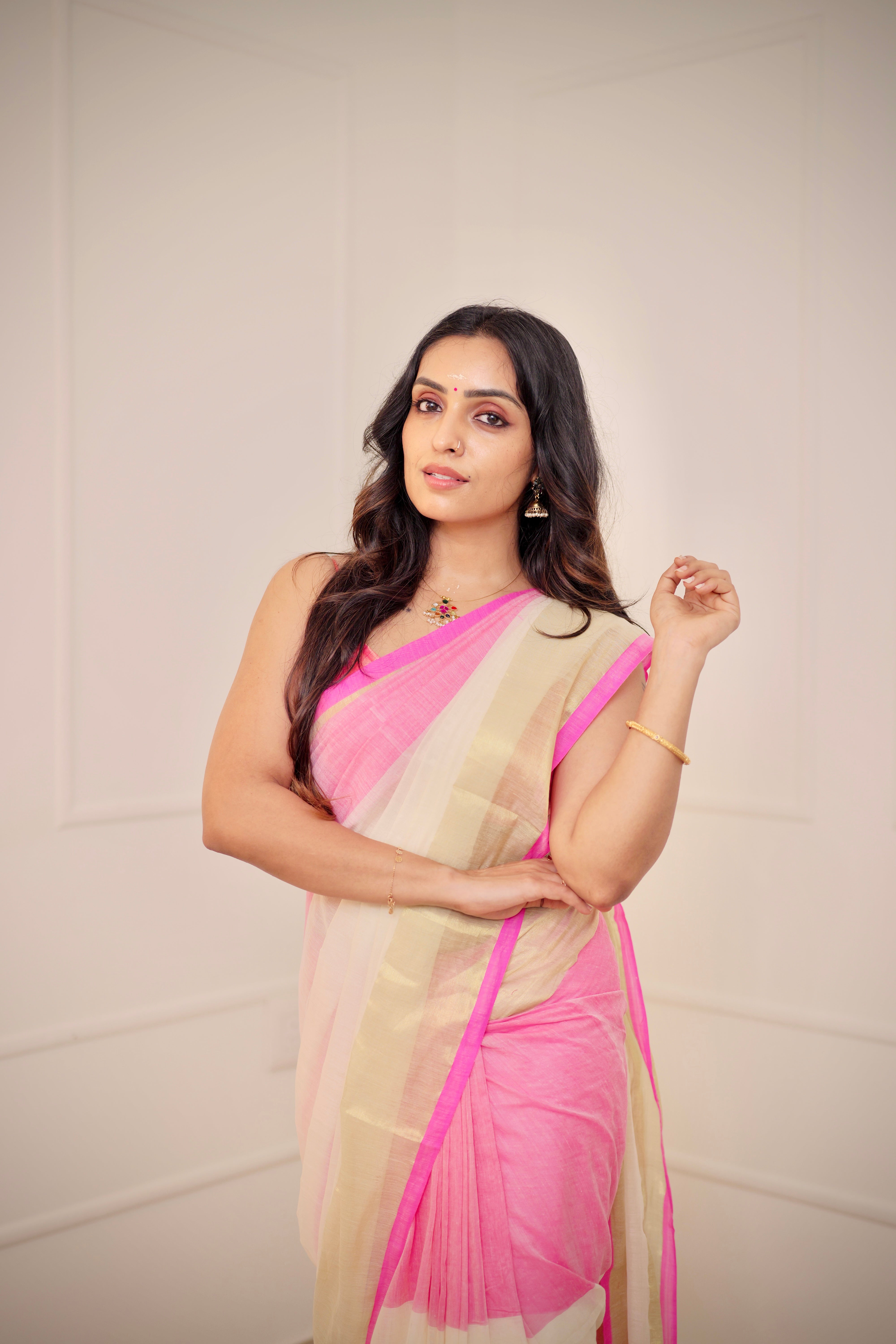 Pink & White Mul Mul Cotton Kasavu Saree