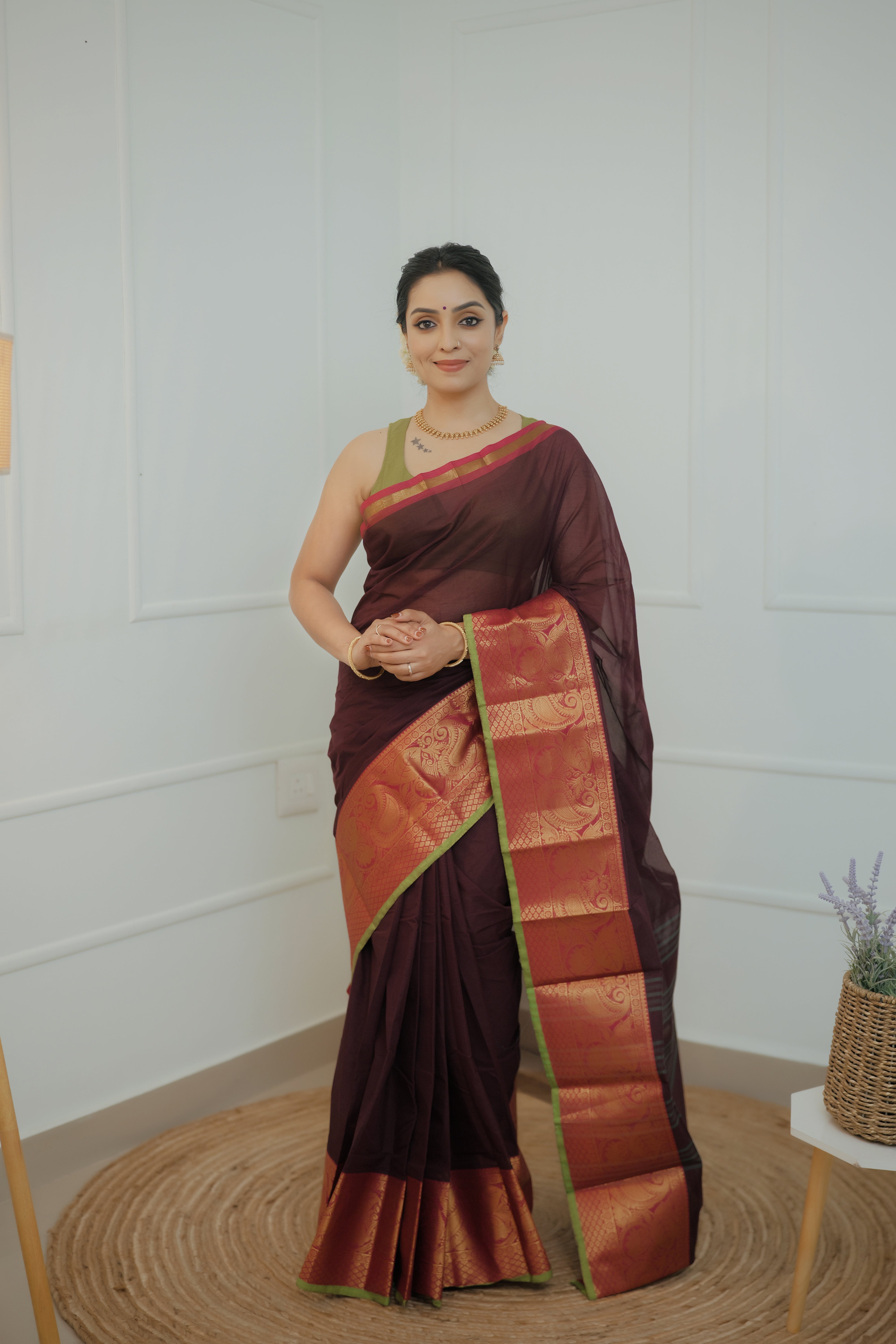 Kavyika – Maroon Chettinad Cotton Saree with Zari Border