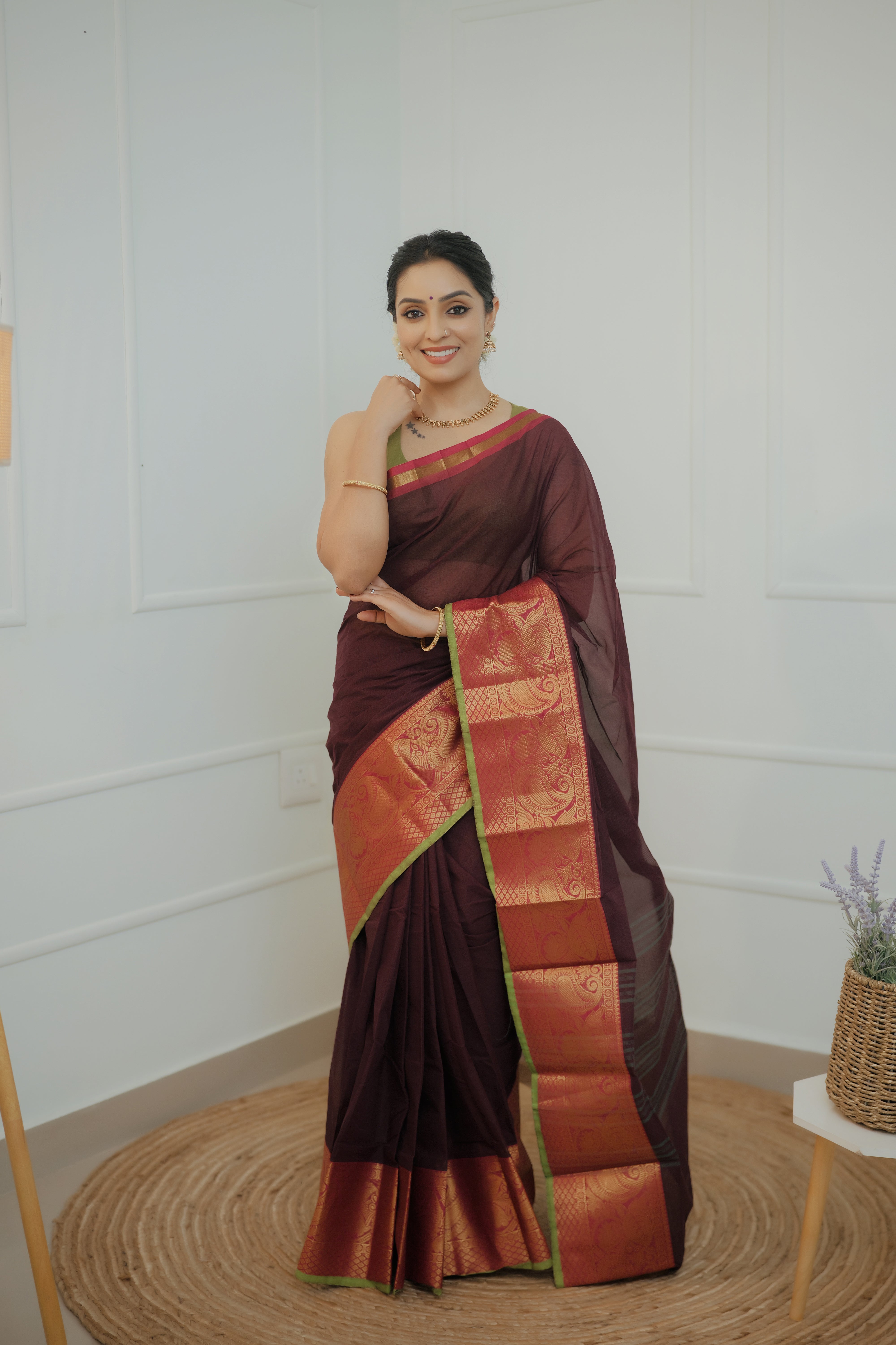 Kavyika – Maroon Chettinad Cotton Saree with Zari Border